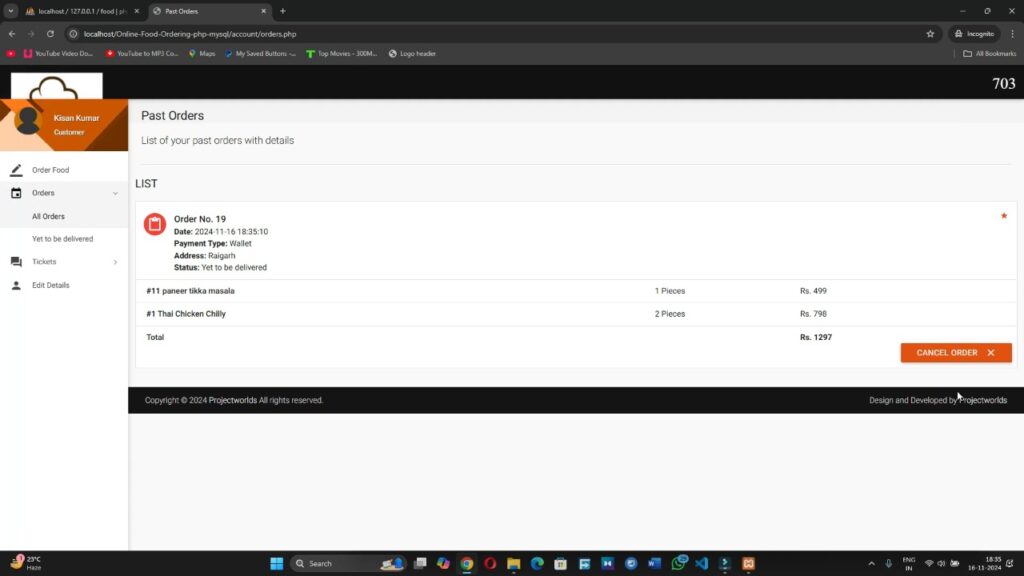 Online Food Ordering Management System in php mysql | Projectworlds Store