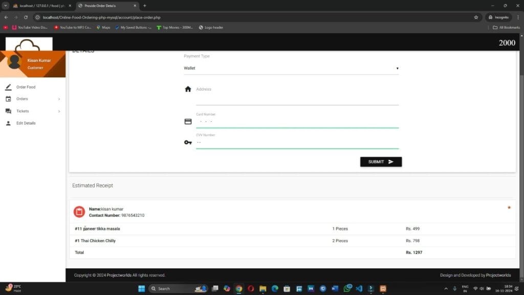 Online Food Ordering Management System in php mysql | Projectworlds Store